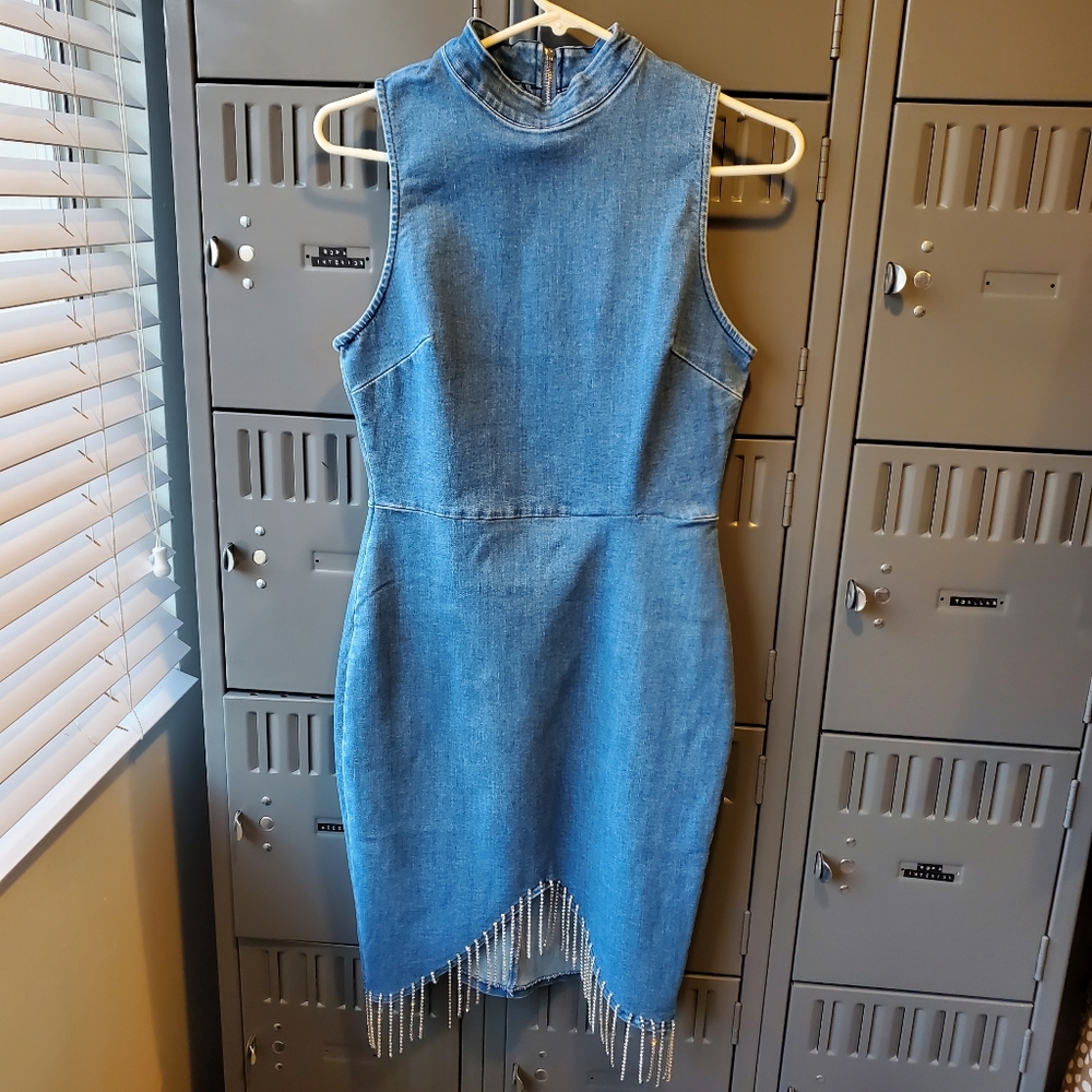 NWOT MOCK NECK RHINESTONES FRINGE HEM DENIM DRESS